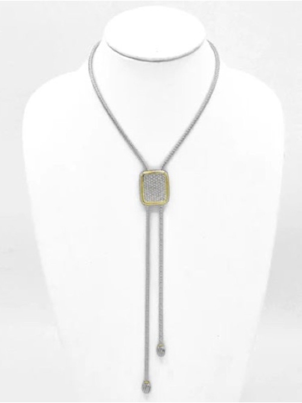 Two Tone Silvet Paver Crystals Cowboy Adjustable Lariat Neck Tie